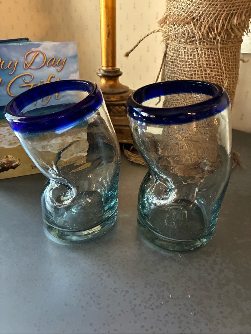 Set of 2 COBALT BLUE rim MEXICAN hand blown THICK glass tumblers. 5.5 inches.